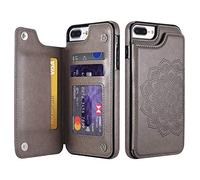 UEEBAI Case for iPhone 7 Plus iPhone 8 Plus, Luxury PU Leather Case [Two Magnetic Clasp] [Card Slots] Stand Function Embossed Mandala Pattern Half Flower Durable Soft TPU Back Wallet Cover - Grey#2