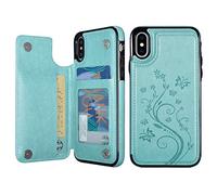UEEBAI Case for iPhone XR, Luxury PU Leather Case [Two Magnetic Clasp] [Card Slots] Stand Function Butterfly Flower Pattern Durable Shockproof Soft TPU Back Wallet Cover for iPhone XR - Mint Green