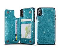 UEEBAI Case for iPhone XR, Premium Glitter PU Leather Case Back Wallet Cover [Two Magnetic Clasp] [Card Slots] Stand Function Durable Shockproof Soft TPU Case for iPhone XR - Blue#2