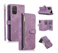 UEEBAI Case for Samsung Galaxy A51 4G, 9 Card Slots Retro Leather Wallet Shockproof Flip Cover with Hand Strap Card Slots Zipper Pocket Kickstand Handbag Magnetic Closure - Vintage Purple