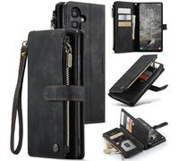 UEEBAI Mobile Phone Case for Samsung Galaxy A35 5G, Retro Zip Case Premium PU Leather Soft Flip Case Magnetic Closure Card Slot Stand Function Wallet with Lanyard Protective Case - Black