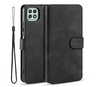 UEEBAI PU Leather Case for Samsung Galaxy A22 5G, Vintage Retro Premium Wallet Flip Cover TPU Inner Shell [Card Slots] [Magnetic Closure] Stand Function Folio Shockproof Full Protection - Black