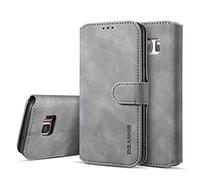 UEEBAI PU Leather Case for Samsung Galaxy S7 Edge, Vintage Retro Premium Wallet Flip Cover TPU Inner Shell [Card Slots] [Magnetic Closure] Stand Function Folio Shockproof Full Protection - Grey