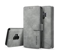 UEEBAI PU Leather Case for Samsung Galaxy S9, Vintage Retro Premium Wallet Flip Cover TPU Inner Shell [Card Slots] [Magnetic Closure] Stand Function Folio Shockproof Full Protection - Grey