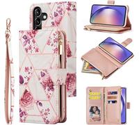 UEEBAI Samsung Galaxy S24 5G Case, PU Leather Magnetic Closure Handbag Zipper Stand Card Slots Wrist Strap Marple Flip Case for Women Pink Flower