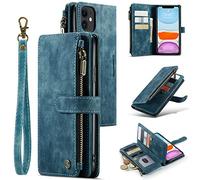 UEEBAI Wallet Case for iPhone 11 6.1 inch, Premium Handmade PU Leather Phone Case Card Slots Magnetic Closure Zipper Pocket Kickstand Flip Case with Hand Strap - Vintage Blue
