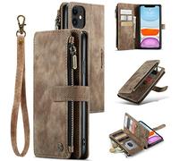 UEEBAI Wallet Case for iPhone 11 6.1 inch, Premium Handmade PU Leather Phone Case Card Slots Magnetic Closure Zipper Pocket Kickstand Flip Case with Hand Strap - Vintage Brown