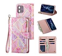 UEEBAI Wallet Case for iPhone 11 6.1 inch, Premium PU Leather Magnetic Closure Geometric Marble Pattern Handbag Zipper Pocket Case Kickstand Card Slots Shockproof Flip Cover for iPhone 11- Pink&Purple