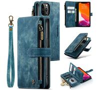 UEEBAI Wallet Case for iPhone 12/iPhone 12 Pro 6.1 inch, Premium Handmade PU Leather Phone Case Card Slots Magnetic Closure Zipper Pocket Kickstand Flip Case with Hand Strap - Vintage Blue