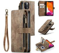 UEEBAI Wallet Case for iPhone 12/iPhone 12 Pro 6.1 inch, Premium Handmade PU Leather Phone Case Card Slots Magnetic Closure Zipper Pocket Kickstand Flip Case with Hand Strap - Vintage Brown