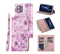 UEEBAI Wallet Case for iPhone 12 iPhone 12 Pro 6.1 inch, Premium PU Leather Case Magnetic Closure Geometric Marble Flower Pattern Handbag Zipper Pocket Case Kickstand 6 Card Slots Flip Cover - Purple