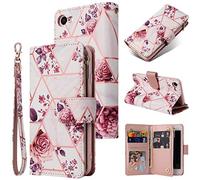 UEEBAI Wallet Case for iPhone 12 iPhone 12 Pro 6.1 inch,Premium PU Leather Case Magnetic Closure Geometric Marble Flower Pattern Handbag Zipper Pocket Case Kickstand Card Slots Flip Cover -Rose Gold#2