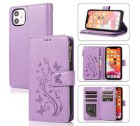 UEEBAI Wallet Case for iPhone 12/iPhone 12 Pro 6.1 inch, Premium PU Leather Magnetic Closure Flower Pattern Handbag Zipper Pocket Case Kickstand Card Holder Slots Shockproof Flip Cover - Purple