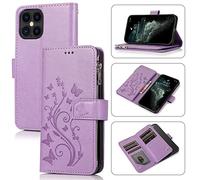 UEEBAI Wallet Case for iPhone 12 Pro Max 6.7 inch, Premium PU Leather Magnetic Closure Flower Pattern Handbag Zipper Pocket Case Kickstand Card Holder Slots Shockproof Flip Cover - Purple