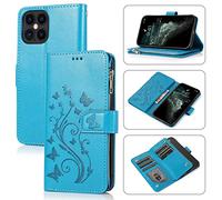 UEEBAI Wallet Case for iPhone 12 Pro Max 6.7 inch, Premium PU Leather Magnetic Closure Flower Pattern Handbag Zipper Pocket Case Kickstand Card Holder Slots Shockproof Flip Cover - Blue