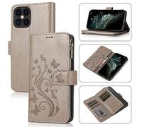 UEEBAI Wallet Case for iPhone 12 Pro Max 6.7 inch, Premium PU Leather Magnetic Closure Flower Pattern Handbag Zipper Pocket Case Kickstand Card Holder Slots Shockproof Flip Cover - Grey