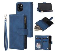 UEEBAI Wallet Case for iPhone 12 Pro Max 6.7 inch, Premium Vintage PU Leather Magnetic Closure Handbag Zipper Pocket Case Kickstand Card Holder Slots with Wrist Strap TPU Shockproof Flip Cover - Blue