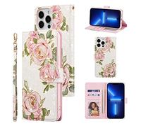 UEEBAI Wallet Case for iPhone 12 Pro Max 6.7 inch, PU Leather Phone Case Kickstand RFID Blocking Flip Case with Card Slots Wrist Strap Relief Engraved Pattern Magnetic Closure Folio Case - White Rose