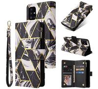 UEEBAI Wallet Case for iPhone 12 Pro Max, PU Leather Case Magnetic Closure Handbag Zipper Pocket Case Kickstand Card Slots with Hand Strap Marple Flip Case for Women - Marble Black