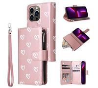 UEEBAI Wallet Case for iPhone 13 Pro 6.1 inch, Premium Vintage PU Leather Magnetic Closure Handbag Zipper Pocket Case Kickstand Card Holder Slots with Wrist Strap TPU Shockproof Flip Cover - Rose Gold