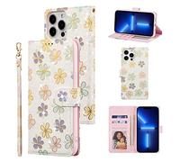 UEEBAI Wallet Case for iPhone 13 Pro 6.1 inch, PU Leather Phone Case Kickstand RFID Blocking Flip Case with Card Slots Wrist Strap Relief Engraved Pattern Magnetic Closure Folio Case - White Daisy