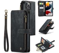 UEEBAI Wallet Case for iPhone 13 Pro Max 6.7 inch, Premium Handmade PU Leather Phone Case Card Slots Magnetic Closure Zipper Pocket Kickstand Flip Case with Hand Strap - Vintage Black