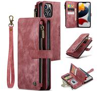 UEEBAI Wallet Case for iPhone 13 Pro Max 6.7 inch, Premium Handmade PU Leather Phone Case Card Slots Magnetic Closure Zipper Pocket Kickstand Flip Case with Hand Strap - Vintage Red