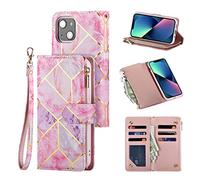 UEEBAI Wallet Case for iPhone 14 Case 6.1, Premium PU Leather Magnetic Geometric Marble Pattern Handbag Zipper Pocket Case Kickstand Card Slots Shockproof Flip Cover - Gold Pink Purple