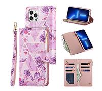 UEEBAI Wallet Case for iPhone 14 Pro 6.1 inch, Premium PU Leather Magnetic Closure Geometric Marble Handbag Zipper Pocket Case Kickstand Card Holder Slots Shockproof Flip Cover - Gold Purple Flower