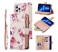 UEEBAI Wallet Case for iPhone 14 Pro Max 6.7 inch, Premium PU Leather Magnetic Closure Geometric Marble Handbag Zipper Pocket Case Kickstand Card Holder Slots Shockproof Flip Cover - Gold Pink Flower