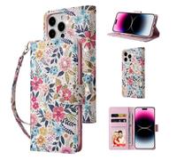 UEEBAI Wallet Case for iPhone 15 Pro, PU Leather Phone Case Kickstand RFID Blocking Flip Case Card Slots Wrist Strap Relief Engraved Pattern Magnetic Closure Folio Case - Colorful Flower