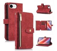 UEEBAI Wallet Case for iPhone 16e 6.1", 9 Card Slots Retro Leather Wallet Shockproof Flip Cover with Hand Strap Card Slots Zipper Pocket Kickstand Handbag Magnetic Closure - Retro Red