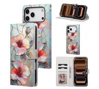 UEEBAI Wallet Case for iPhone 17 Pro Max, PU Leather Gilding Flower Pattern Phone Cover Kickstand RFID Blocking Flip Case Card Slots Wrist Strap Magnetic Closure Folio Wallet, Orange Flower