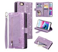 UEEBAI Wallet Case for iPhone 6 iPhone 6S, Retro 9 Card Holder Slots Zipper Pocket Handbag Case PU Leather Magnetic Closure Kickstand with Wrist Strap TPU Shockproof folio Case - Glitter Purple