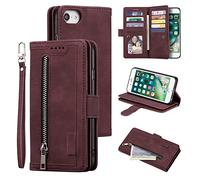 UEEBAI Wallet Case for iPhone 7/8/SE 2022 5G/SE 2020, 9 Card Holder Slots Zipper Pocket Handbag Case PU Leather Magnetic Kickstand Wrist Strap Flip Case for SE3/SE2 - Wine Red