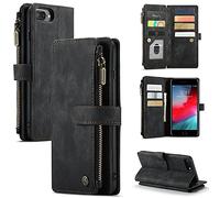 UEEBAI Wallet Case for iPhone 7 Plus/iPhone 8 Plus, Premium Handmade PU Leather Phone Case Card Slots Magnetic Closure Zipper Pocket Kickstand Cover Vintage Shockproof Flip Case - Black