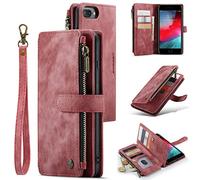 UEEBAI Wallet Case for iPhone 7 Plus/iPhone 8 Plus, Premium Handmade PU Leather Phone Case Card Slots Magnetic Closure Zipper Pocket Kickstand Flip Case with Hand Strap - Vintage Red