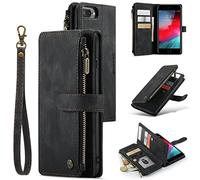 UEEBAI Wallet Case for iPhone 7 Plus/iPhone 8 Plus, Premium Handmade PU Leather Phone Case Card Slots Magnetic Closure Zipper Pocket Kickstand Flip Case with Hand Strap - Vintage Black