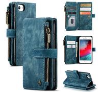 UEEBAI Wallet Case for iPhone SE 2022 5G/iPhone 7/iPhone 8/iPhone SE 2020, Handmade PU Leather Phone Case Card Slots Magnetic Zipper Kickstand Cover Vintage Flip Case for iPhone SE3/SE2 - Blue