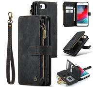 UeeBai Wallet Case for iPhone SE 2022/7/8/SE 2020, Handmade PU Leather Phone Case with Card Slots, Magnetic Zipper, Kickstand, Vintage Flip Case - Vintage Black