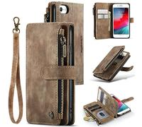 UeeBai Wallet Case for iPhone SE 2022/7/8/SE 2020, Handmade PU Leather Phone Case with Card Slots, Magnetic Zipper, Kickstand, Vintage Flip Case - Vintage Brown