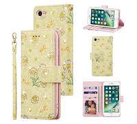 UEEBAI Wallet Case for iPhone SE 2022/7/8/SE 2020, PU Leather Phone Case Kickstand RFID Flip Case Card Slots Wrist Strap Engraved Pattern Magnetic Folio Case - Yellow Daisy