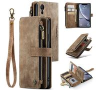 UEEBAI Wallet Case for iPhone XR, Premium Handmade PU Leather Phone Case Card Slots Magnetic Closure Zipper Pocket Kickstand Flip Case with Hand Strap - Vintage Brown