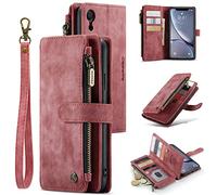 UEEBAI Wallet Case for iPhone XR, Premium Handmade PU Leather Phone Case Card Slots Magnetic Closure Zipper Pocket Kickstand Flip Case with Hand Strap - Vintage Red