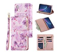 UEEBAI Wallet Case for iPhone XR, Premium Vintage PU Leather Magnetic Closure Geometric Handbag Zipper Pocket Cover Kickstand Card Holder Slots TPU Shockproof Flip Case - Purple Flower