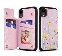 UEEBAI Wallet Case for iPhone XR with Card Holders, PU Leather Cover Kickstand RFID Blocking Double Magnetic Clasp rilievo Flower Shockproof Flip Case for Women Girls - Sun color