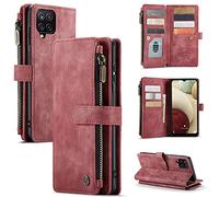 UEEBAI Wallet Case for Samsung Galaxy A12 5G, Premium Handmade PU Leather Phone Case Card Slots Magnetic Closure Zipper Pocket Kickstand Cover Vintage Shockproof Flip Case - Wine Red