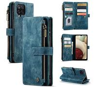 UEEBAI Wallet Case for Samsung Galaxy A12 5G, Premium Handmade PU Leather Phone Case Card Slots Magnetic Closure Zipper Pocket Kickstand Cover Vintage Shockproof Flip Case - Blue