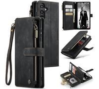 UEEBAI Wallet Case for Samsung Galaxy A15 4G/5G, Premium Handmade PU Leather Phone Case Card Slots Magnetic Closure Zipper Pocket Kickstand Flip Case with Hand Strap - Black