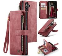 UEEBAI Wallet Case for Samsung Galaxy A15 4G/5G, Premium Handmade PU Leather Phone Case Card Slots Magnetic Closure Zipper Pocket Kickstand Flip Case with Hand Strap - Red